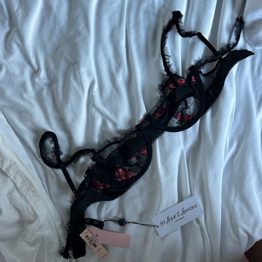 For Love & Lemons Black Lace Bra with Red Floral Details (NWT)